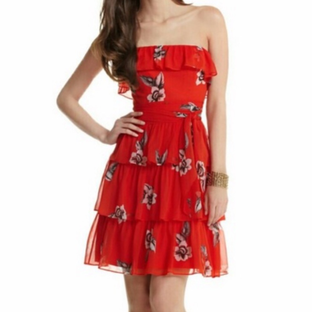 WHBM floral ruffle strapless dress
